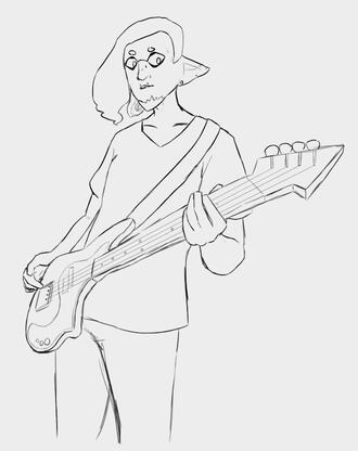 A colorless half-body drawing of Ikkan from Splatoon. He is playing the bass while looking at the viewer.