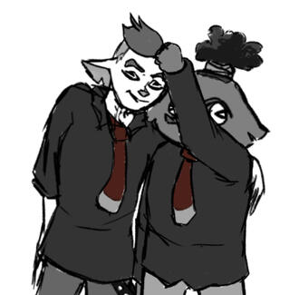 An half-body drawing of Taka and Kuze from Hightide Era with monochrome colors, except for their red ties. They are side-hugging, with Kuze ruffling Taka's hair.