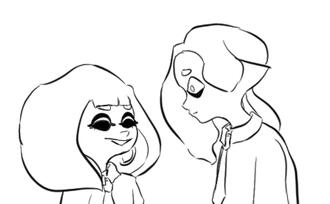 A colorless half-body drawing of Namida and Ikkan from Splatoon. They are represented to be younger, around high-school age. Namida is grinning at Ikkan.