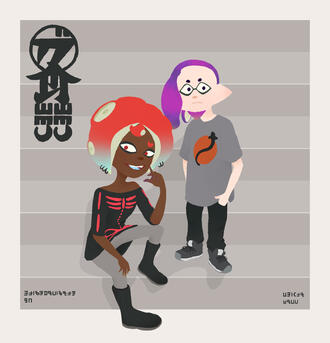 A drawing of Warabi and Ikkan from Splatoon 2 in the style and pose of the official H2Whoa album artwork.