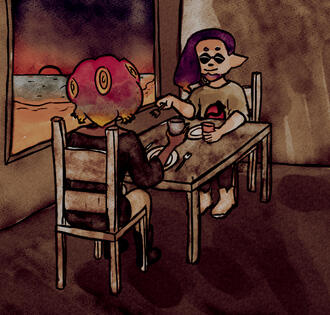 A drawing of Warabi and Ikkan from Splatoon 2 sitting at a table and talking and smiling after having eaten. They are in front of a window with a sunset on a beach passing through it.