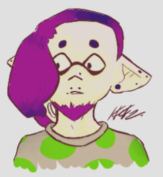 A head-shot drawing of Ikkan from Splatoon, wearing his Squid Squad shirt. Ikkan has some piercings on his ears, a nose piercing and angel bites. He is looking to his bottom right. To the right of the image, there is his signature.