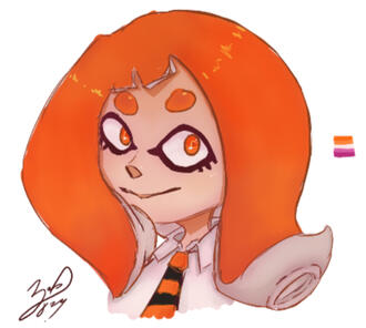 A head-shot drawing of Namida from Splatoon, with her signature to the bottom left corner and a lesbian flag to the right of the image. Her head is tilted and she is looking at the viewer with a smile on her face.