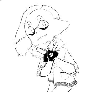 A colorless half-body drawing of Ikkan from Splatoon. Ikkan is wearing a punk jacket and fingerless gloves. He is holding his arms crossed in front of him, his left index and his right index and middle fingers up in a "V" sign.